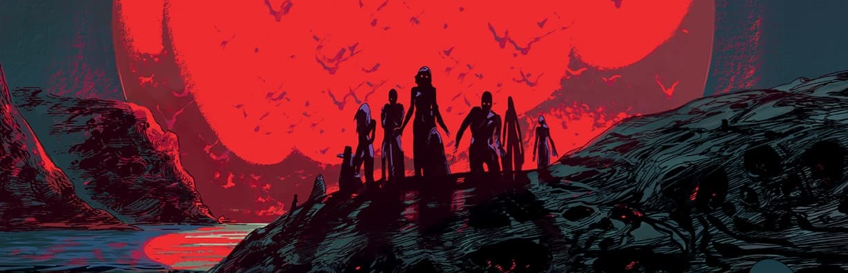 Zombies against a red moon background